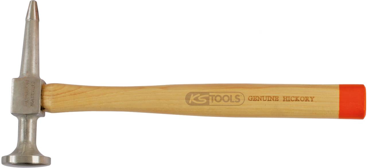 Trähammare med metallhuvud och orange ände. På skaftet står det 'Genuine Hickory'.