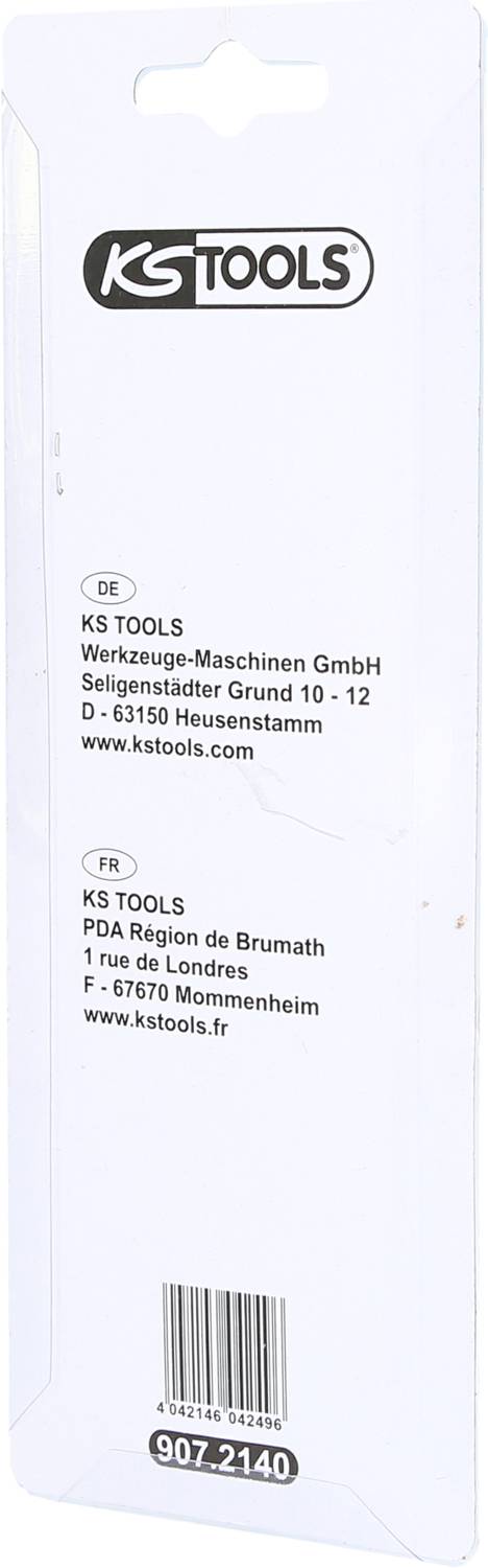 Förpackningens baksida med logotyp 'KS Tools' och adresser i Tyskland och Frankrike. Webbadress www.kstools.fr, artikelnummer 907.2140.