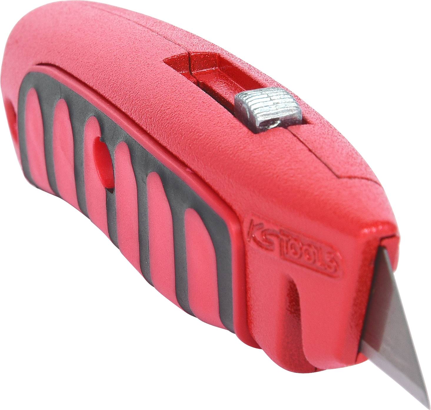 Ett rött mattkniv med utdragbart blad och svart handtag. På sidan är texten 'KS Tools' präglad.