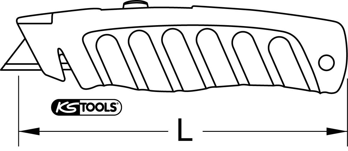 Illustration av ett universalverktyg med ett blad. Etikett: KS Tools. Längd angiven med en pil och bokstaven L.