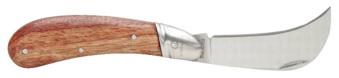 En kniv med trähandtag och böjt knivsblad i rostfritt stål, lämplig för specialiserade skäruppgifter.