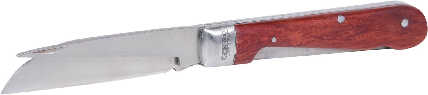 Fällkniv med trähandtag och silverfärgat blad, ihopvikt.