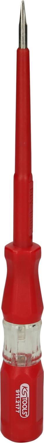 En skruvmejsel med röd handtag och genomskinlig spets.