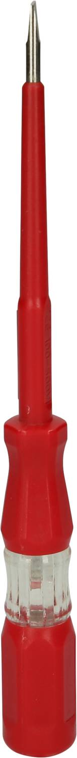 Röd fasskontrollare med transparent handtag, visar spänning genom lysdioder vid elektriska anslutningar.