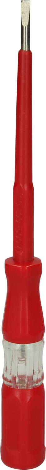 Röd spänningstestare med transparent handtag, där en metallspets sticker upp. Används för att kontrollera elektriska spänningar.