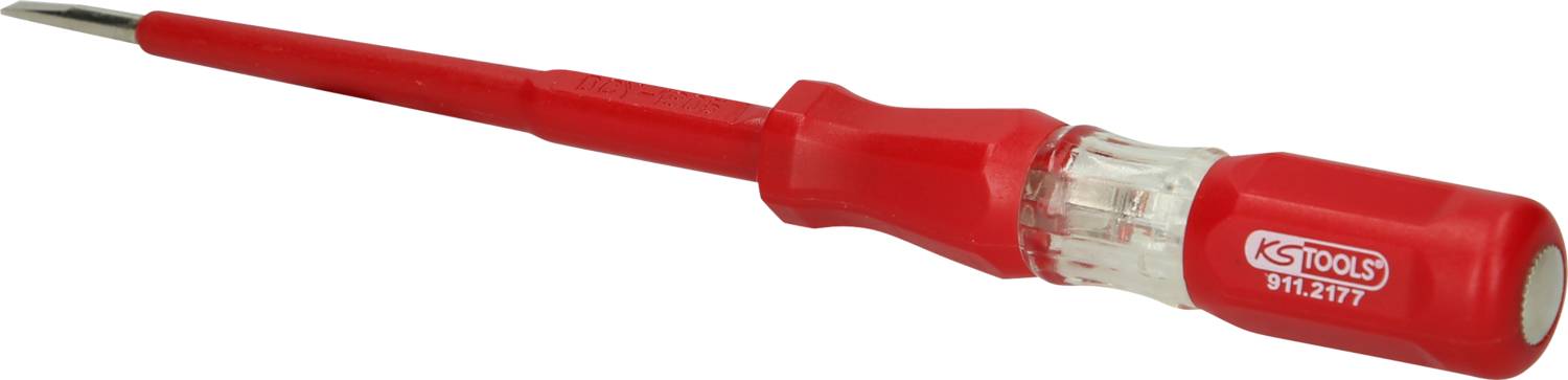 Röd spänningstestare med plasthandtag och metallelektrod, lämplig för kontroll av elektriska spänningar.