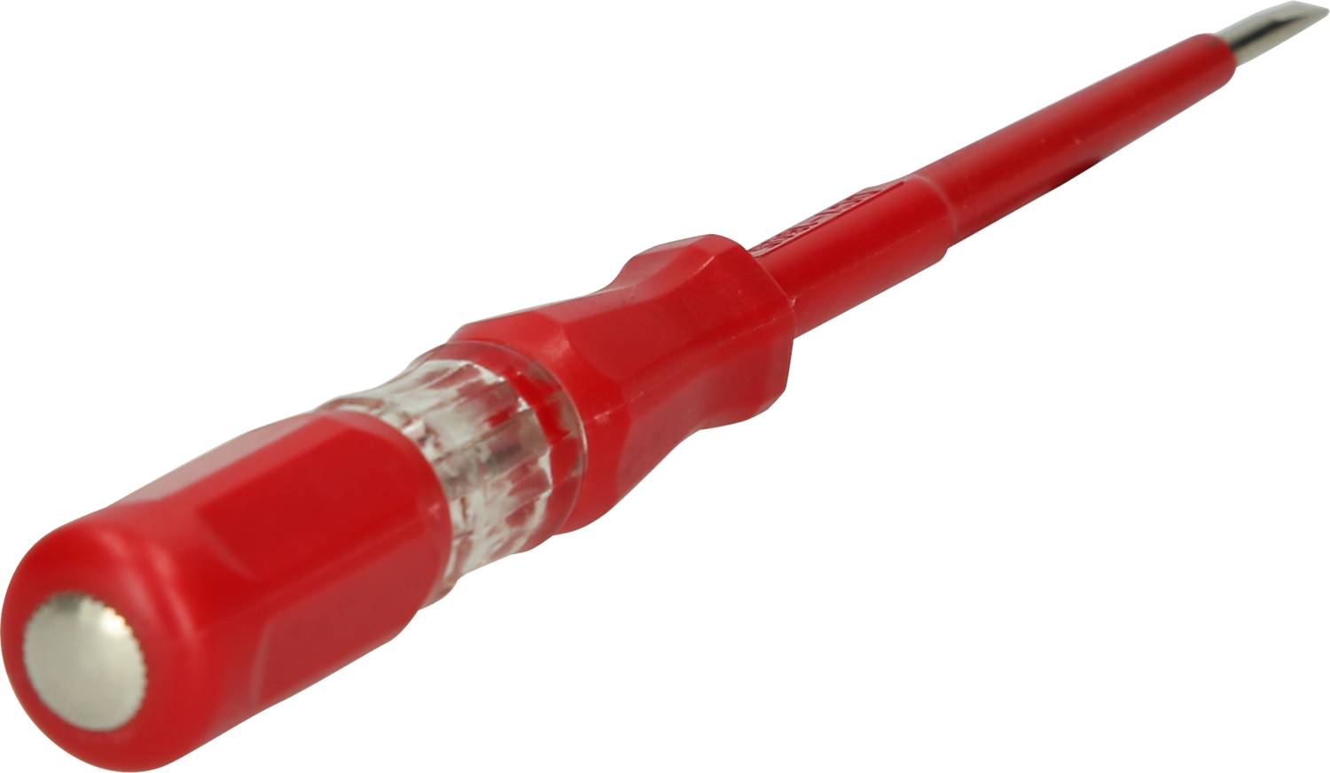 En röd fasindikator, ett elektriskt testverktyg med metallspets och genomskinligt handtag, ligger på sidan.