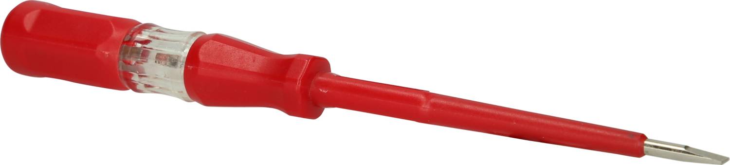 En röd spänningsprovare med klar handtag och metallspets. Verktyg för att kontrollera elektrisk spänning i ledningar och uttag.