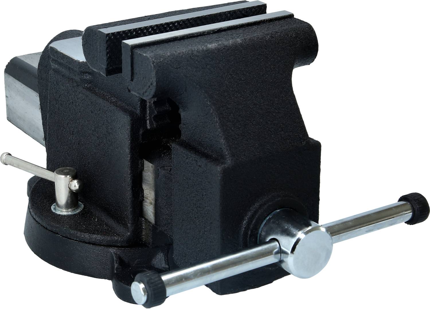 Skruvstycket är ett svart verktyg med vridbart handtag och metallkäftar, som används för att hålla fast arbetsstycken under bearbetning.