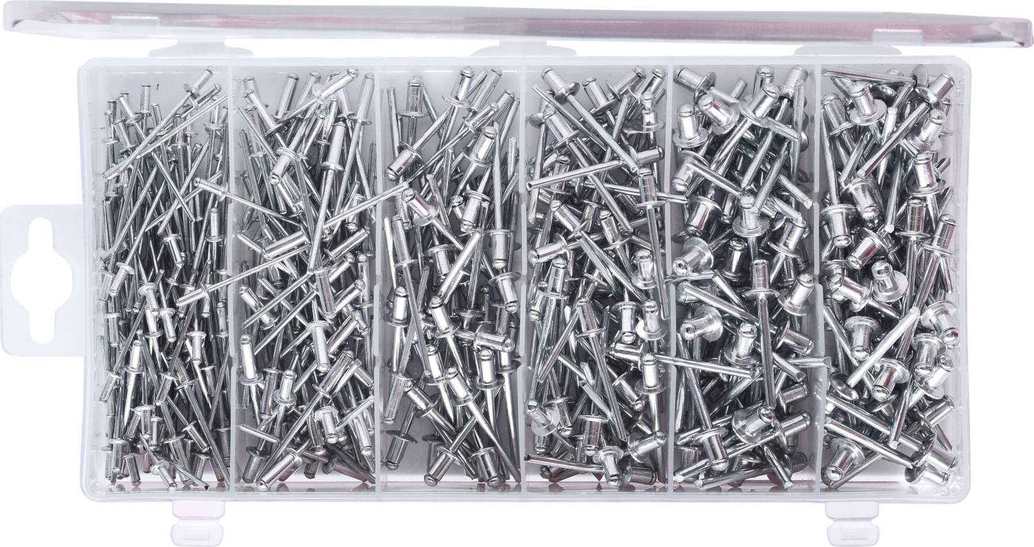 Sorterad låda med silverfärgade blindnitar i olika storlekar. Perfekt för fästarbeten. Fem separata fack för optimal organisation.