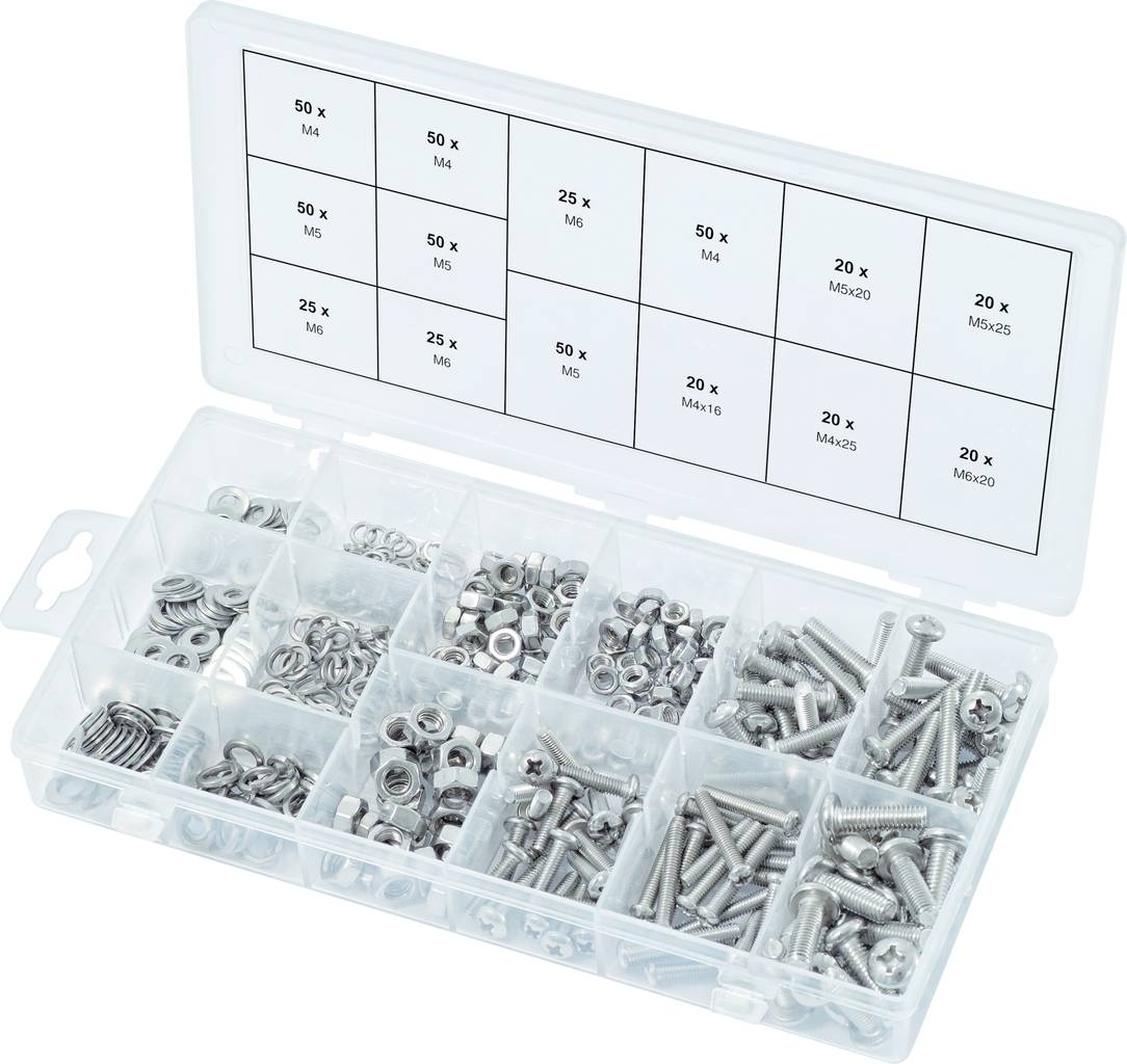 Förvaringsbox med olika rostfria skruvar, muttrar och brickor, sorterade i separata fack.
