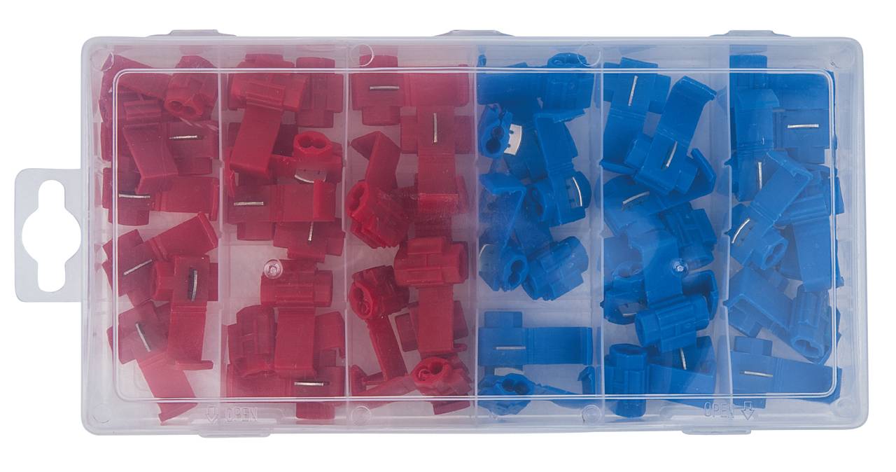 En transparent plastbehållare med fyra fack som innehåller röda och blå elektriska kontakter.