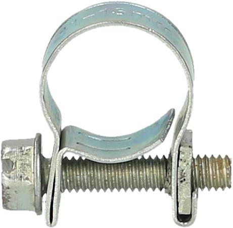 Slangklämma av metalliskt material i silver med skruv. Används för att säkra slangar på rör eller anslutningar.