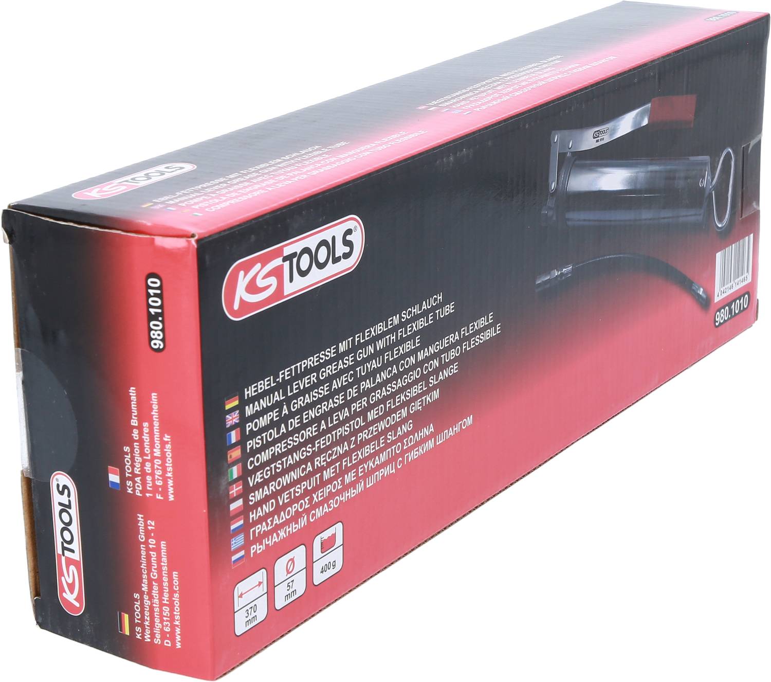 En förpackning med varumärket 'KS Tools' som innehåller en fettspruta med flexibel slang.