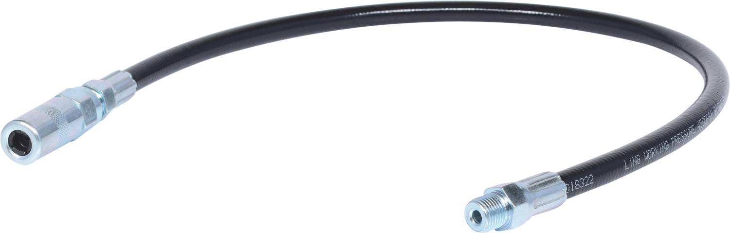En flexibel svart hydraulslang med metallanslutningar i båda ändar, avsedd för att ansluta hydrauliska system.