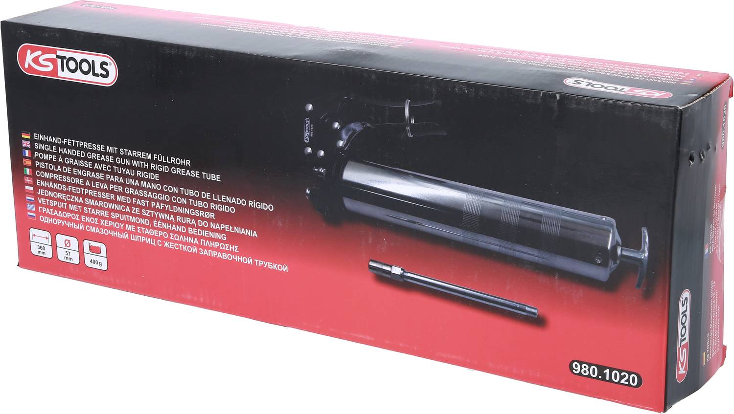 'KS Tools' smörjpress i svart förpackning med rött logo och produktbild. Innehåller artikelnummer 980.1020.