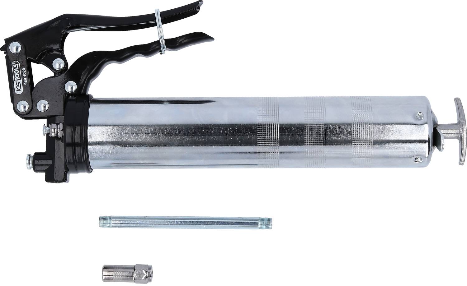 Metallpress i silver, med svart handtag. Under pressen ligger två tillbehörsdelar: en metallstång och en adapter.