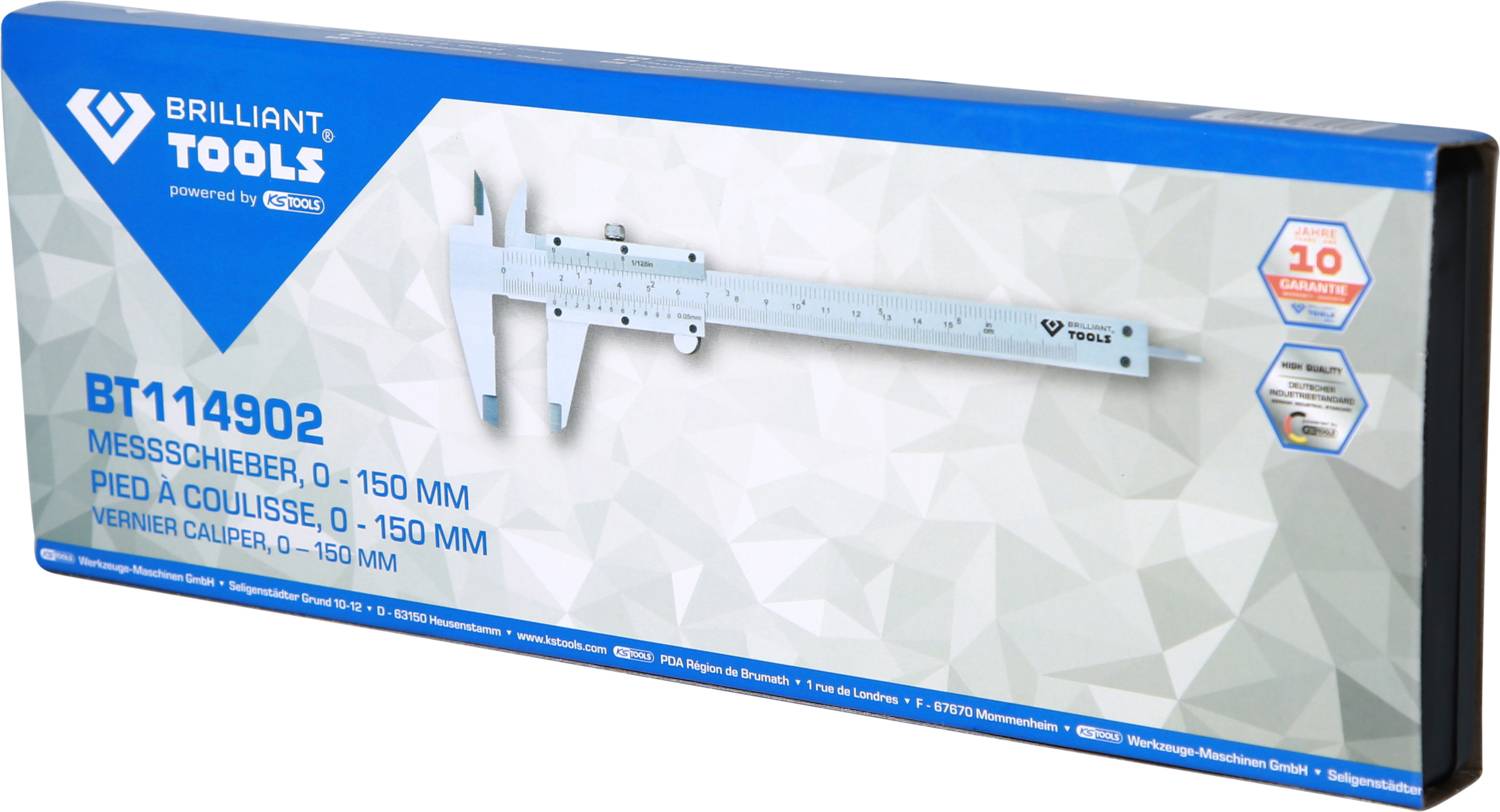 Förpackning för ett skjutmått av märket 'Brilliant Tools', modell BT114902, mätområde 0-150 mm. Symbol för 10 års garanti.