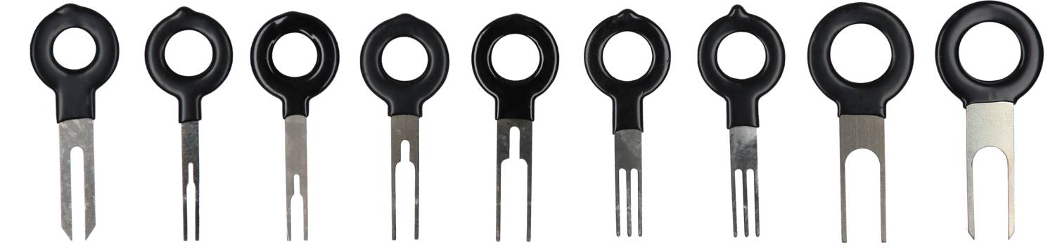 En rad av nio svarta uttags- och kopplingsverktyg, var och en med en unik form och spets.