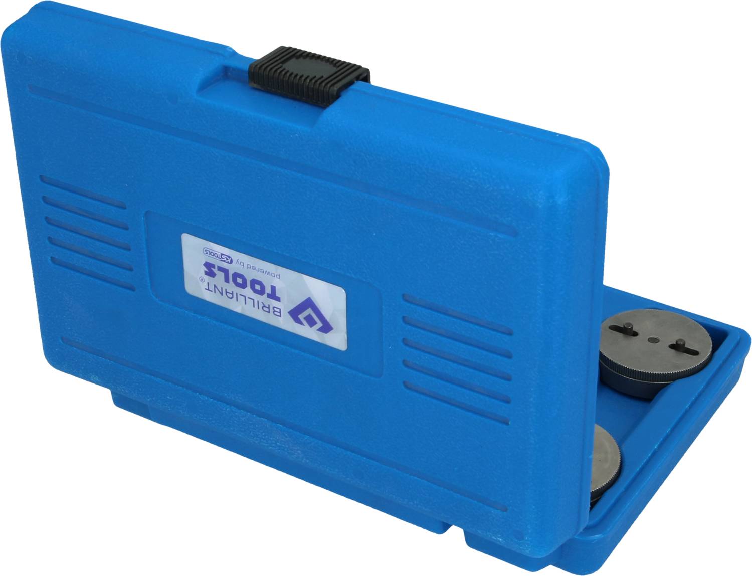 Blå verktygslåda med handtag, delvis öppen, innehåller metalliska skivor. Klistermärke med 'Brilliant Tools' på framsidan.