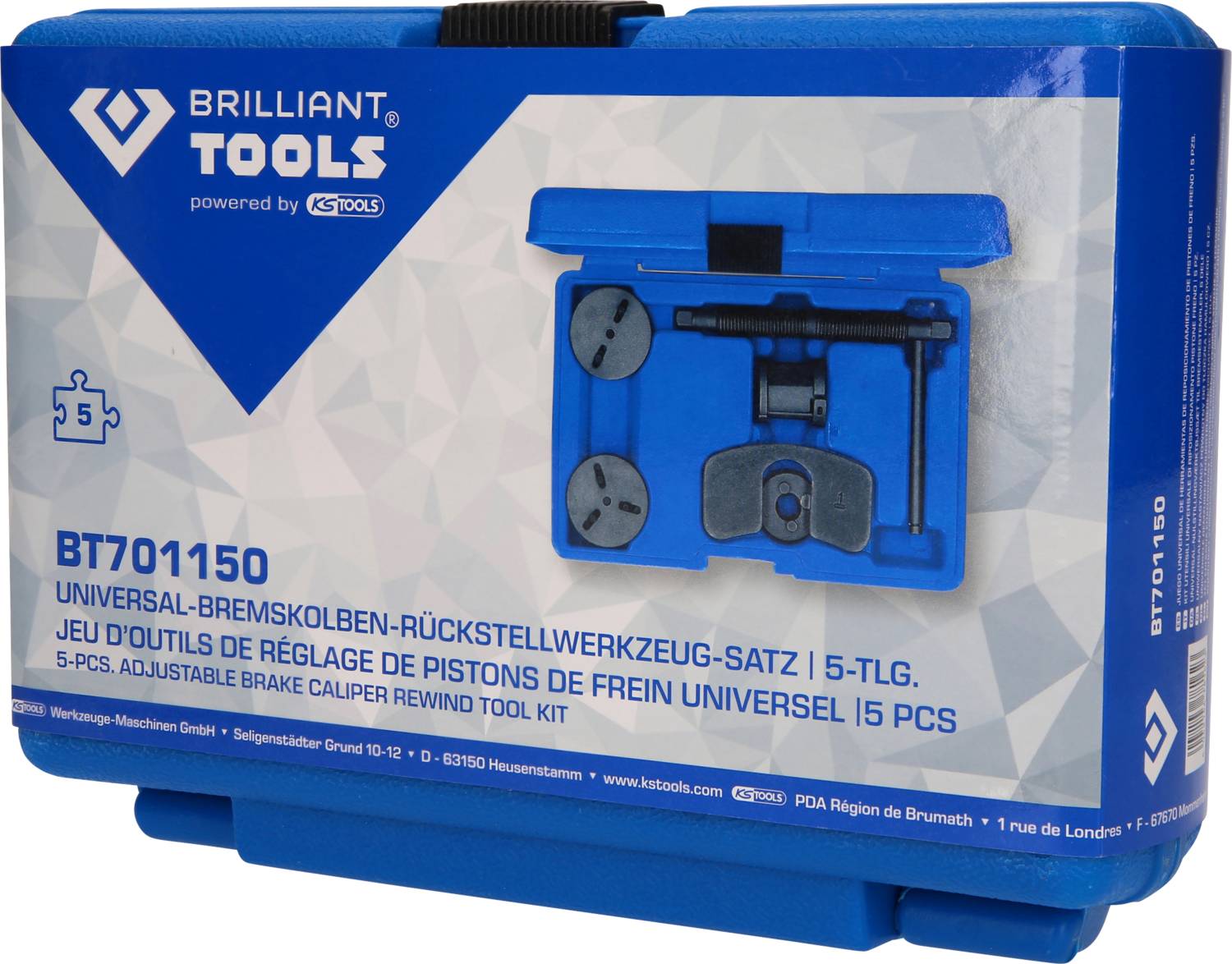 'Brilliant Tools BT701150' förklaras på en blå verktygslåda. Innehåller en 5-delars universell bromskolvsåterställningsverktygssats.