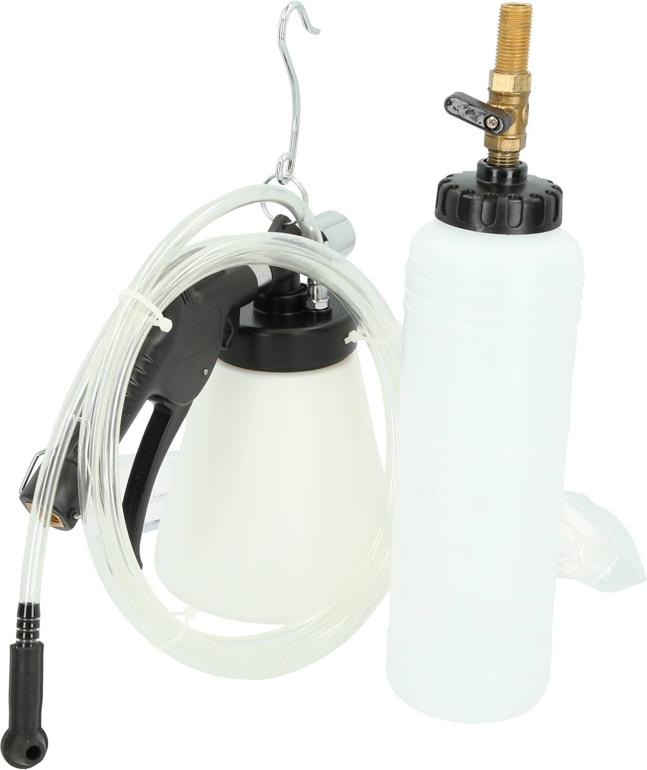 Ett tryckluftsavluftningsverktyg med transparent slang och vit behållare. Avsett för avluftning av bromssystem i fordon.