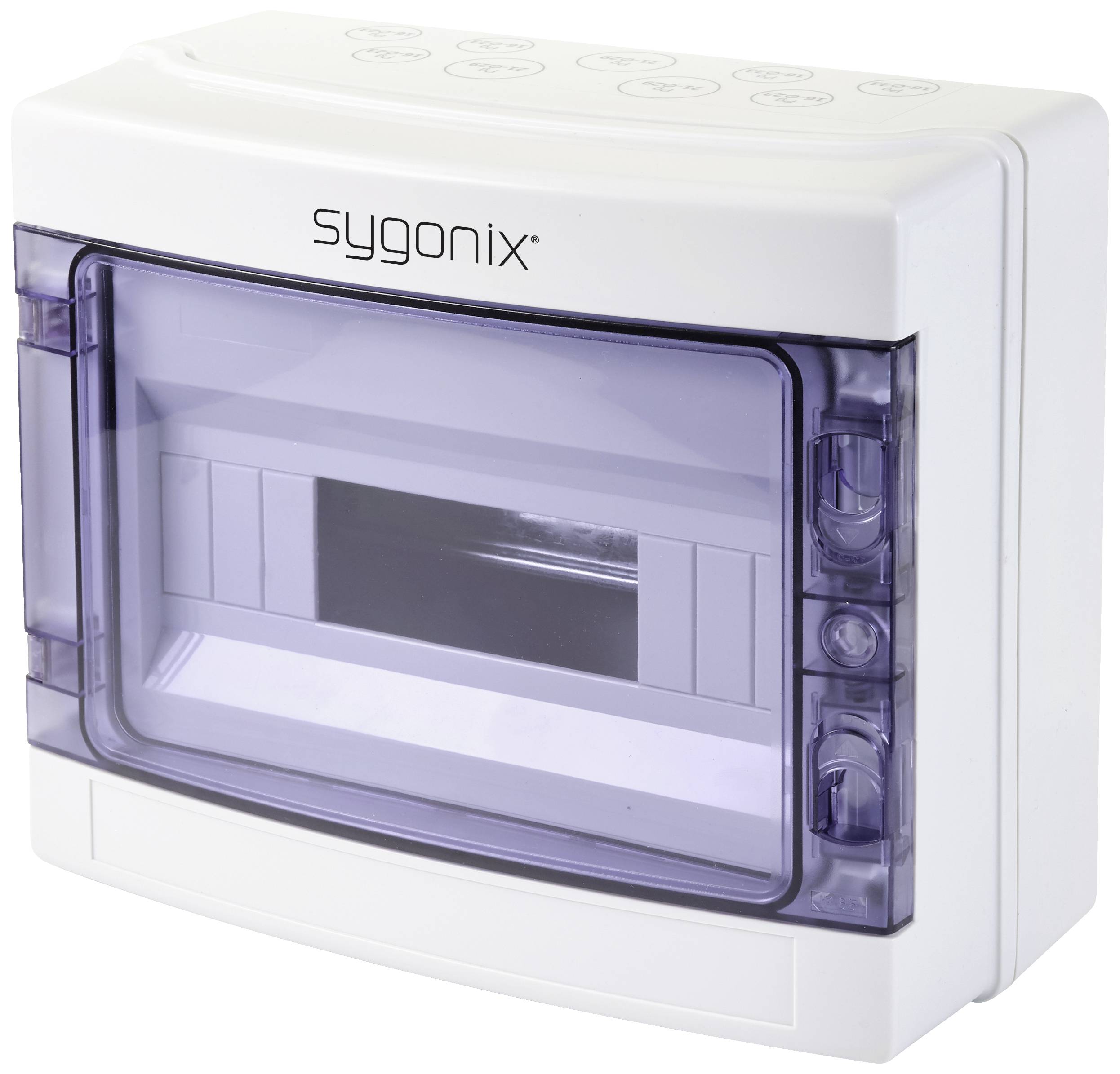 Elektriskt hölje från Sygonix, vitt, med transparent lock, avsett för skydd av elektroniska komponenter.