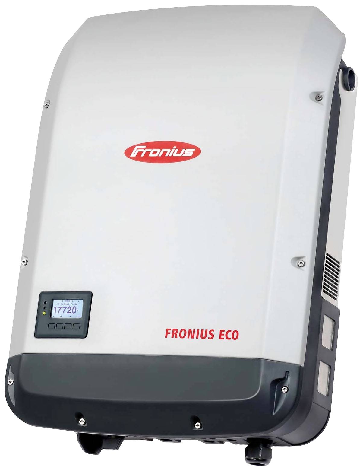 Fronius ECO-växelriktare för omvandling av solenergi till användbar el, med digital display för visning av effektvärden.