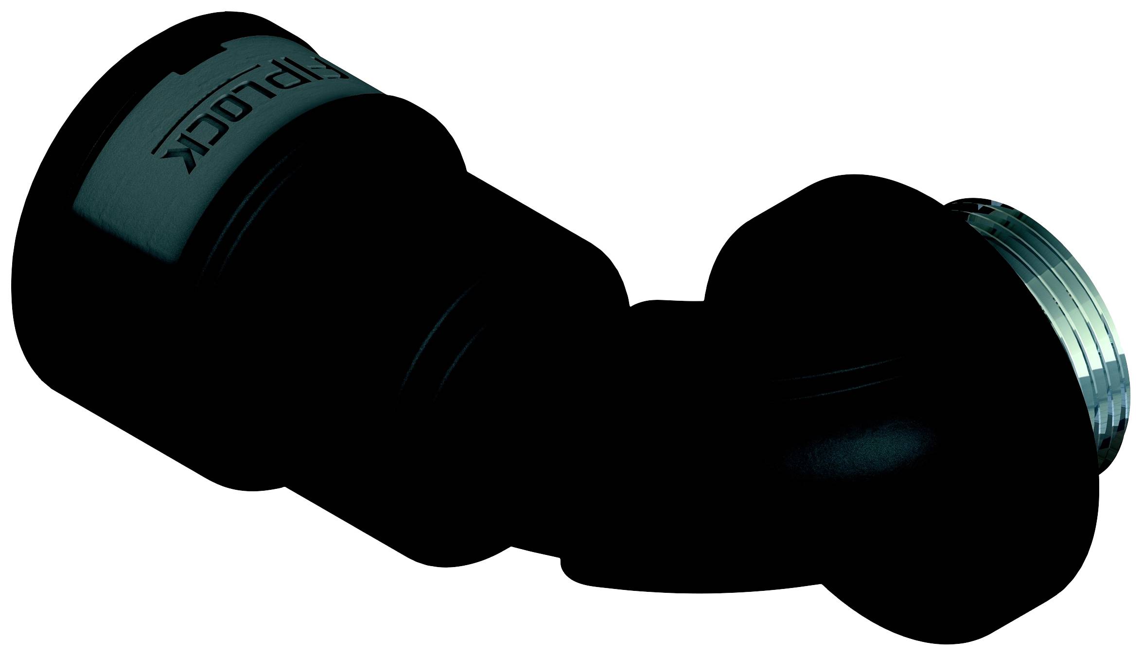 En svart vinkelkoppling för plastledningar, sedd från sidan, med en silverfärgad metallskruvanslutning.