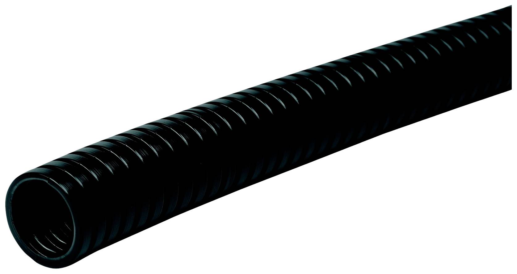 En svart böjlig och förstärkt plastslang, avsedd för användning i elektriska eller hydrauliska installationer.