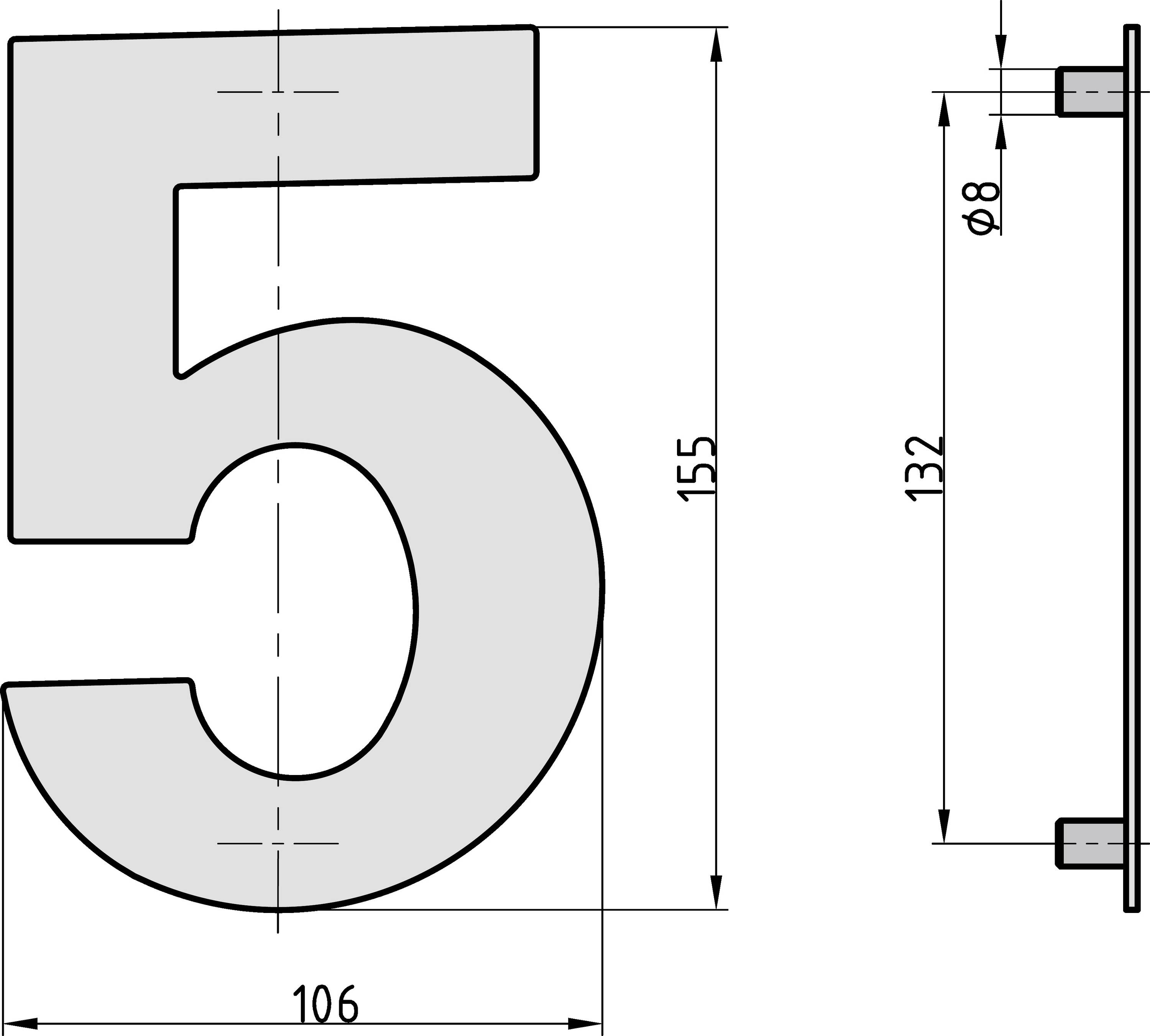 Teknisk teckning av siffran 5. Måtten är: höjd 155 mm, bredd 106 mm, sidofästning med 8 mm diameter.