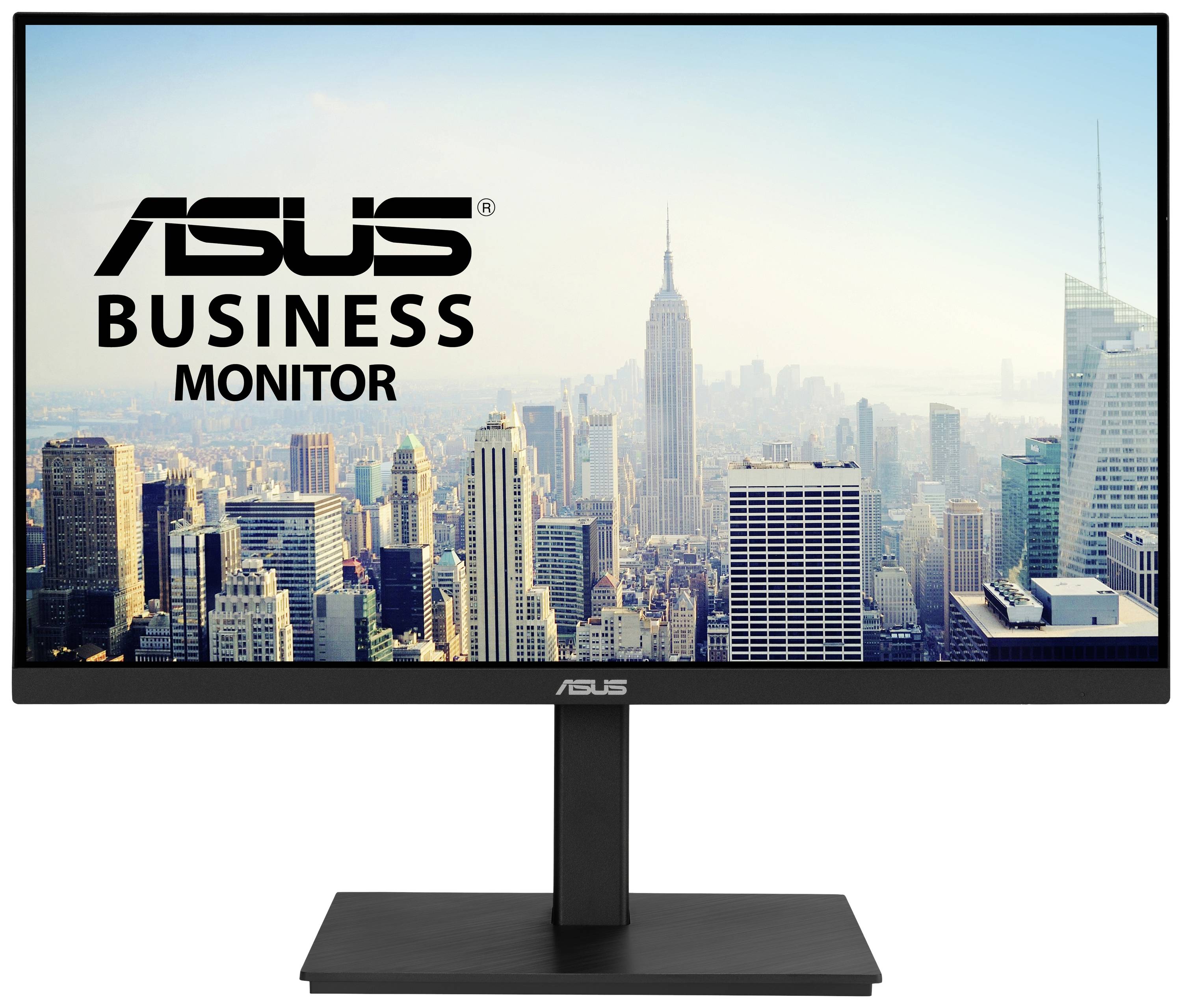 En affärsmonitor från Asus visar en skyline med skyskrapor, däribland Empire State Building. Logotyp i det övre vänstra hörnet.