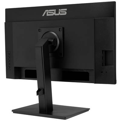 En svart datorskärm från märket ASUS, visad bakifrån, med ett rektangulärt stativ.