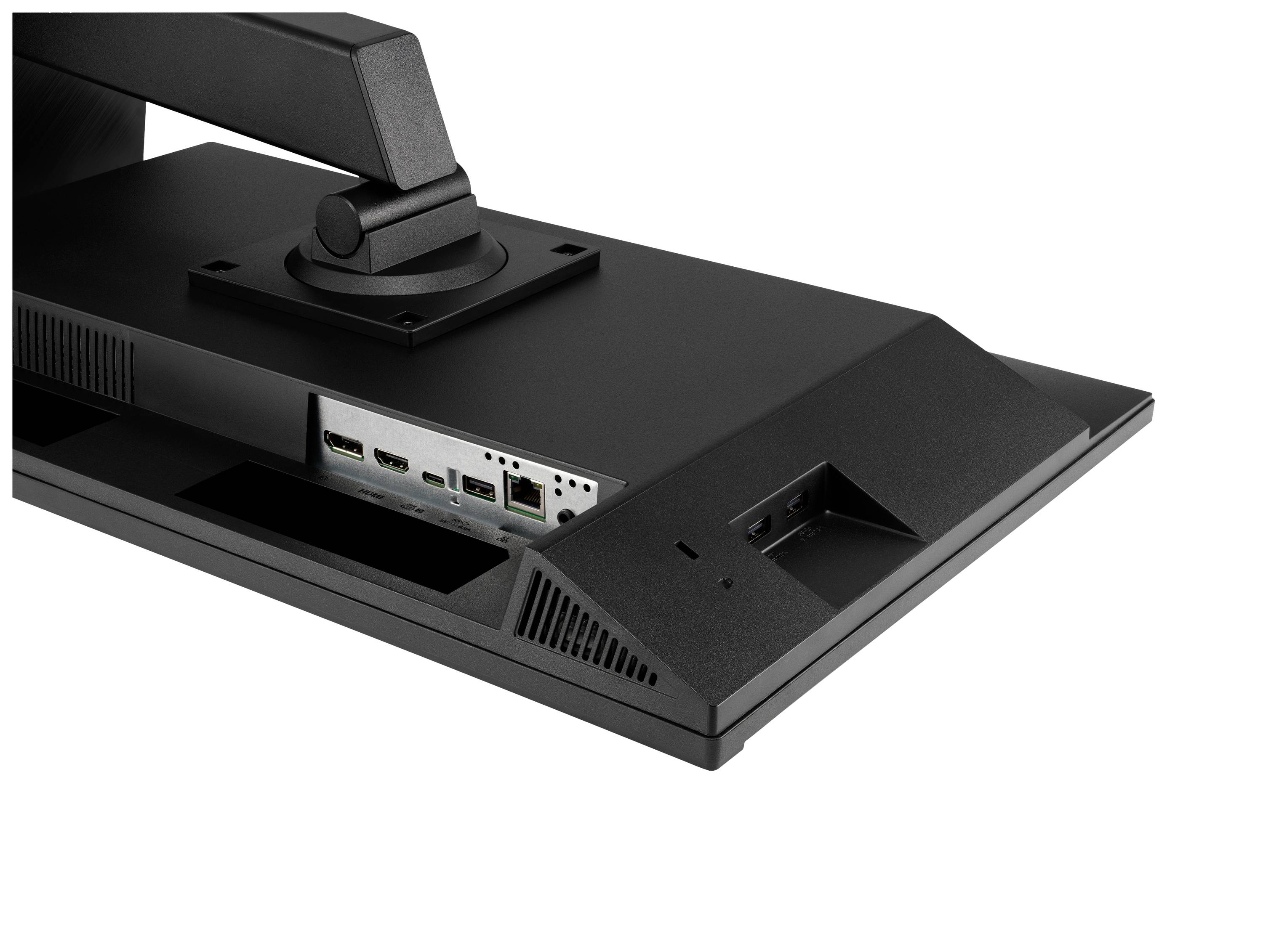 En svart skärm sedd bakifrån, visar anslutningar som HDMI, DisplayPort och Ethernet.