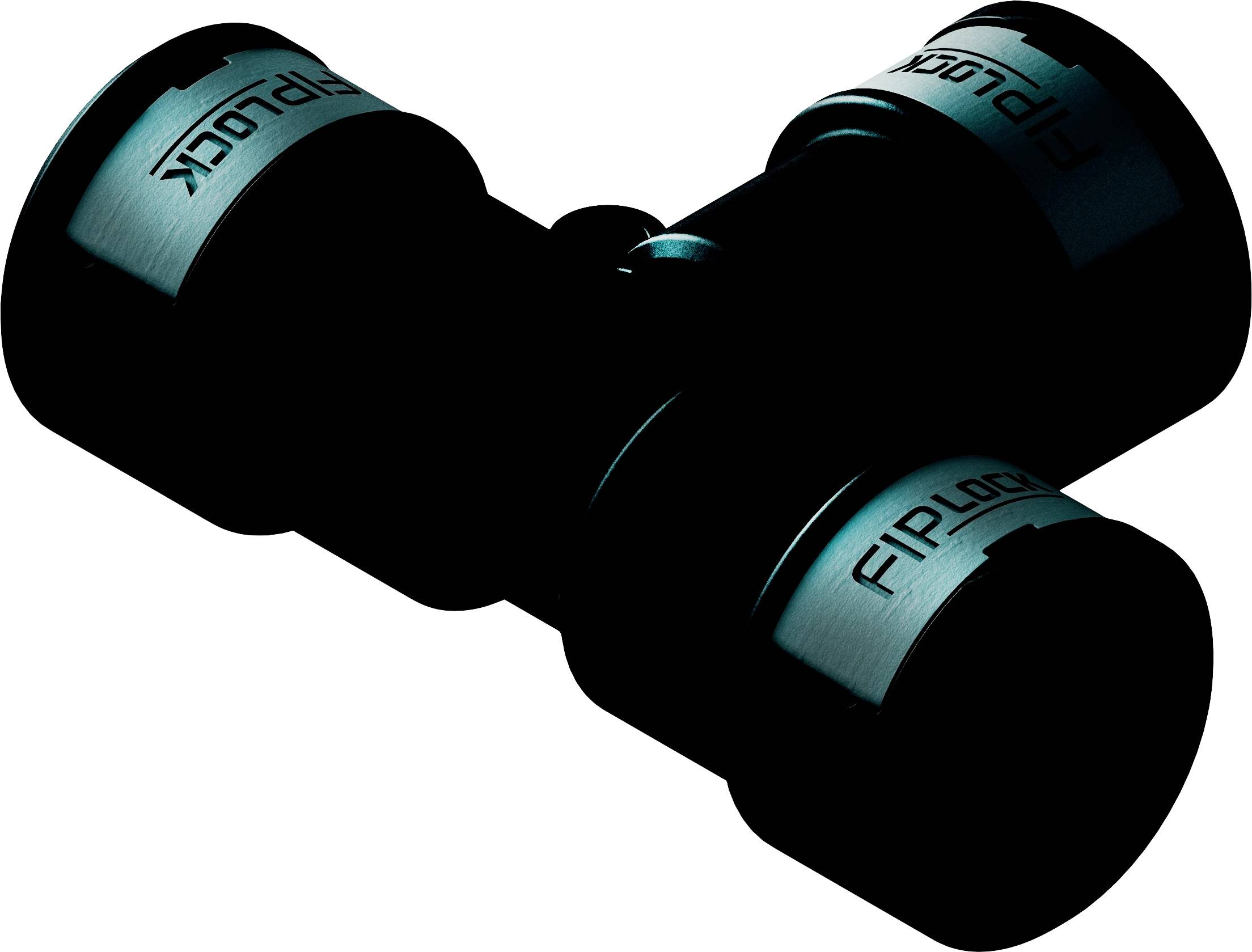 Tre svarta, cylinderformade adaptrar märkta 'RIPLOC'. De är placerade i T-formation och förbinder tekniska komponenter.