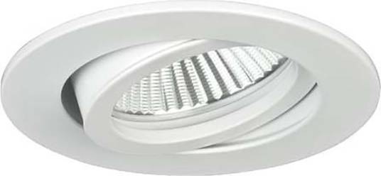 Vit, rund LED-infälld taklampa med räfflad inneryta.
