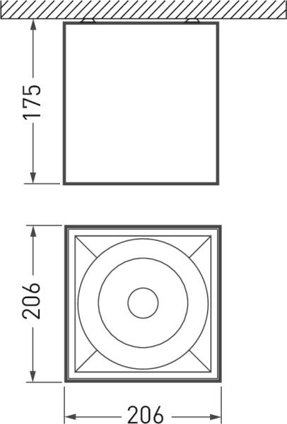Diagram över en högtalare med inbyggnadsmått på 175 mm höjd och 206 mm bredd. Kvadratisk frontvy med cirkulärt element i mitten.
