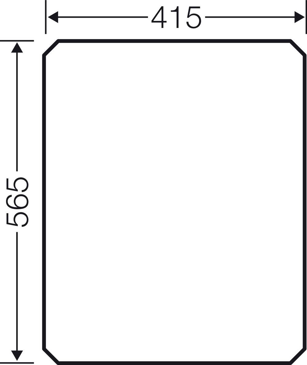 Rektangel med avfasade hörn. Bredd 415 mm, höjd 565 mm, mått visas genom dubbelpilad.