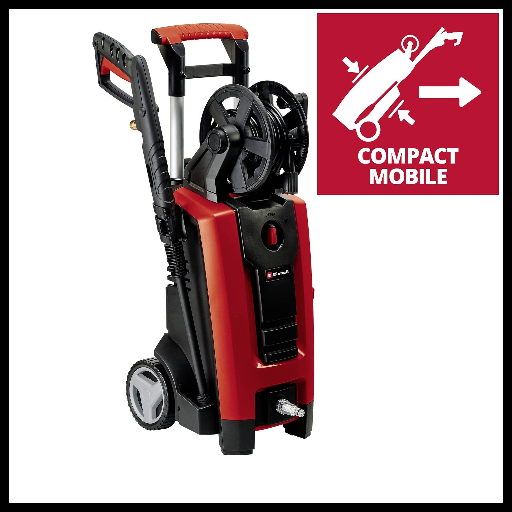 Högtryckstvätt med hjul och slangupprullning. Röd 'Compact Mobile'-symbol indikerar bärbarhet.