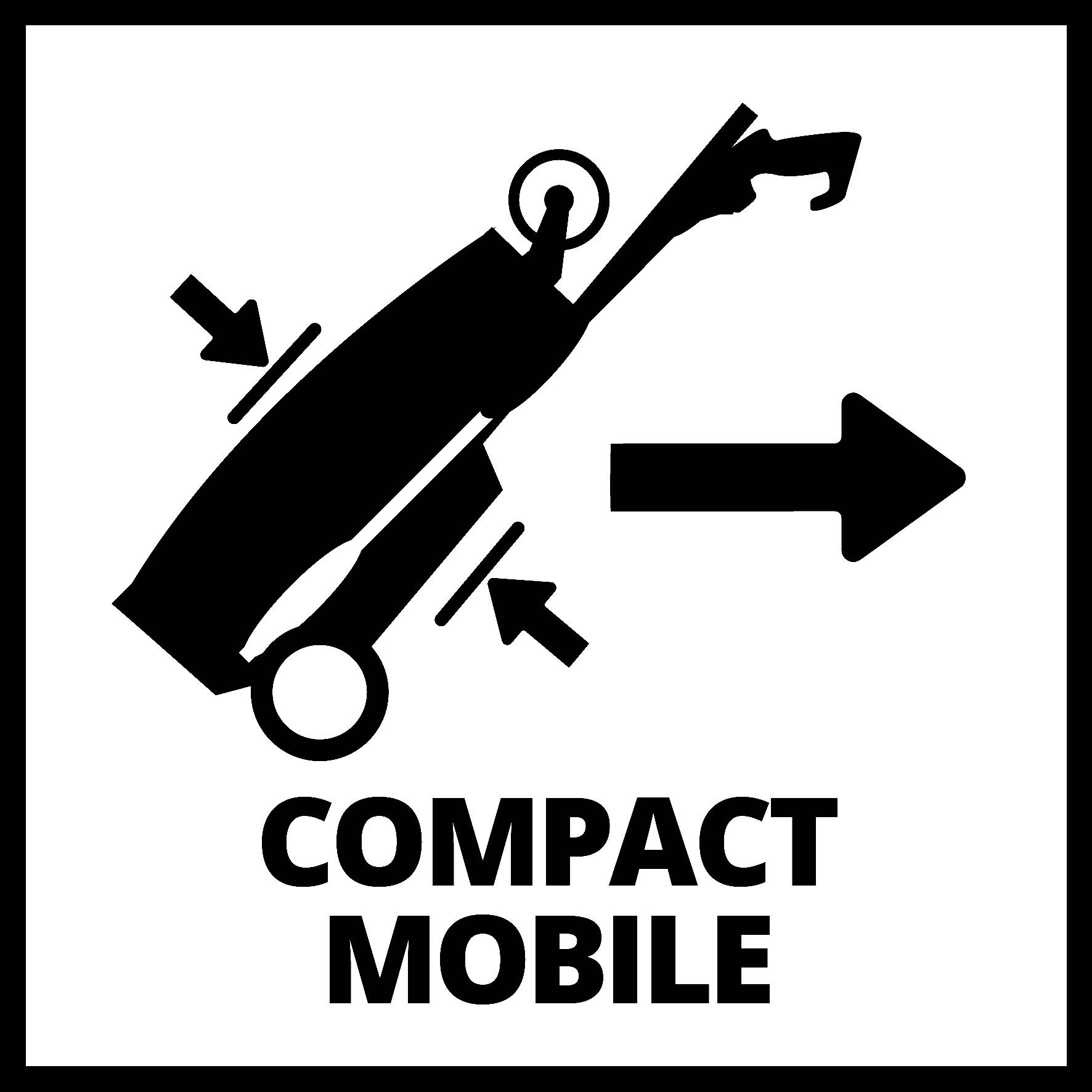 Kompakt mobil enhet, pilar visar vikrörelse. Text 'KOMPAKT MOBIL' under.