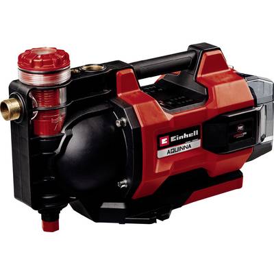 Röd och svart trådlös vattenpump från Einhell AQUINNA med handtag, messingsinkopplingar/-utloppsanslutningar och batterifack.