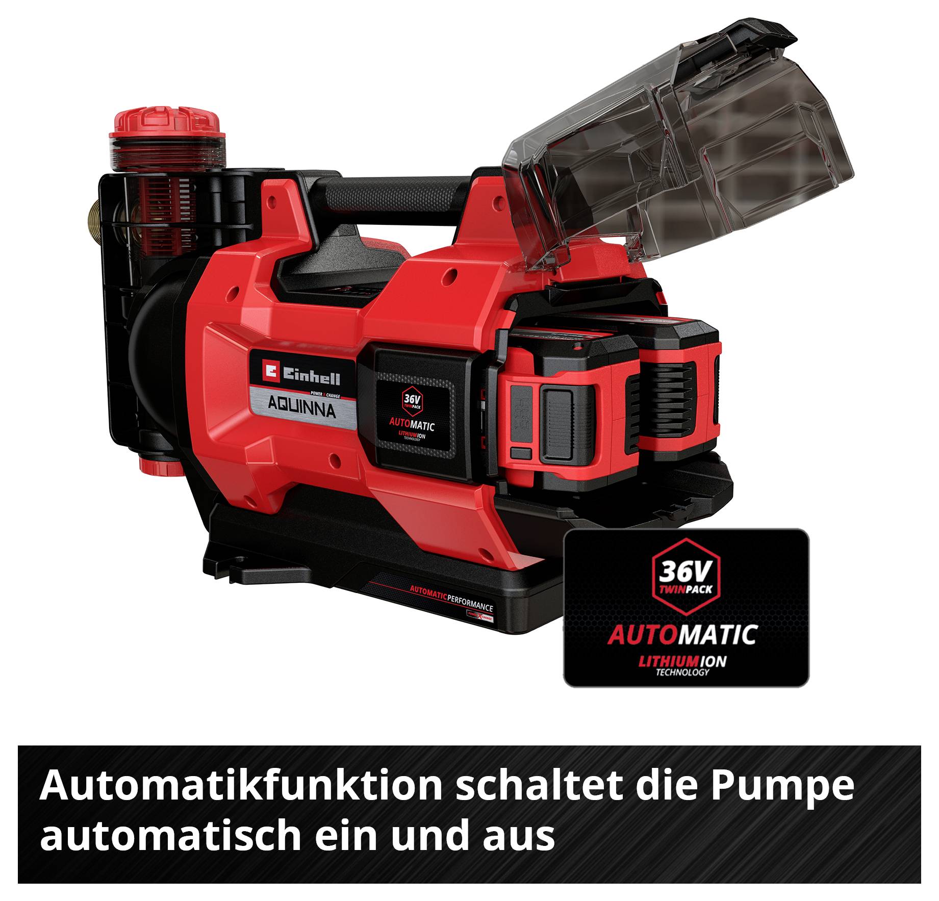 Produktbild av en röd Einhell AQUINNA 36V-batteridrivet pump med transparent handtag; Notering: 'Automatikfunktionen slår pumpen automatiskt på och av'.