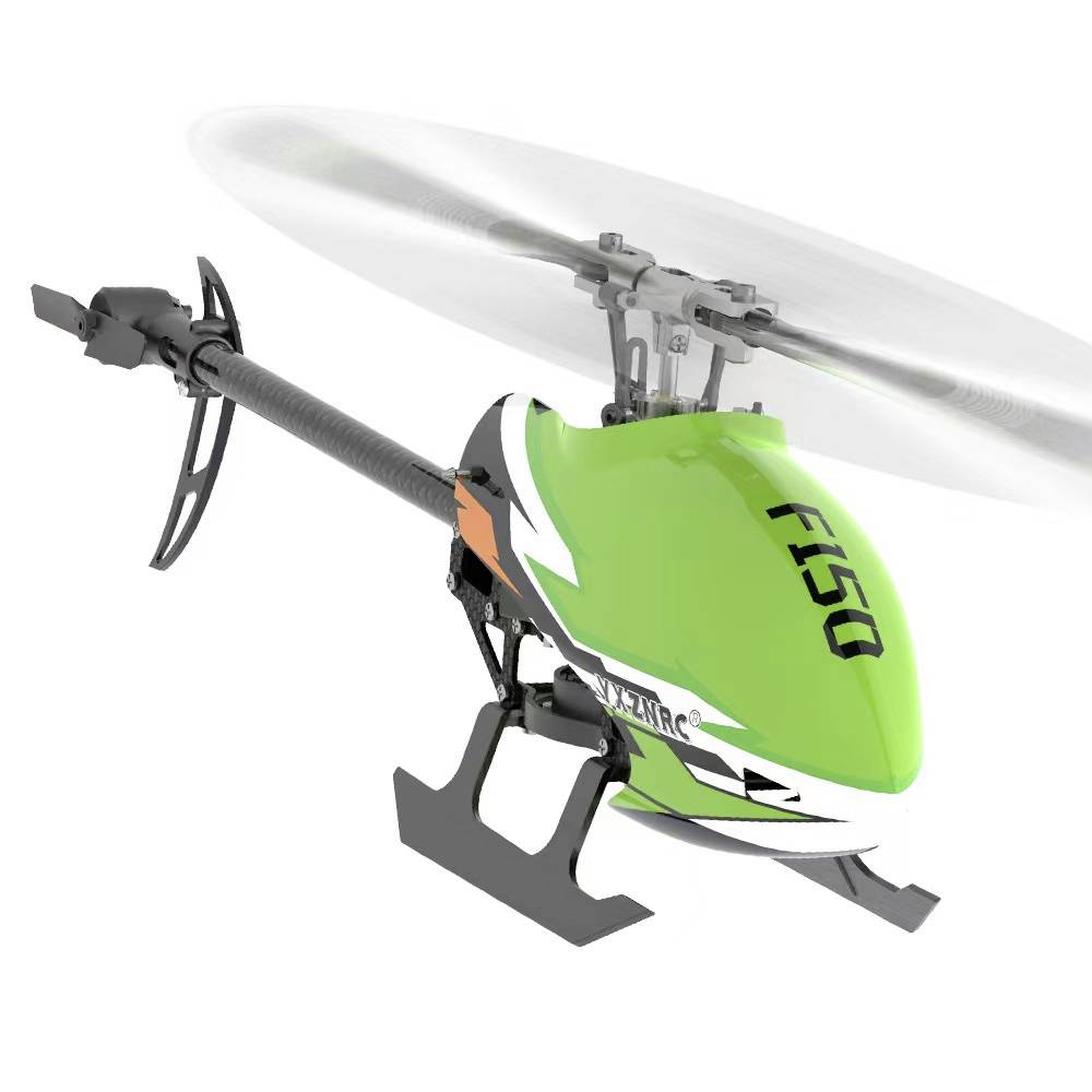 En liten, grön fjärrstyrd helikopter svävar i luften. Den har en enda huvudrotor och en slank, modern design.