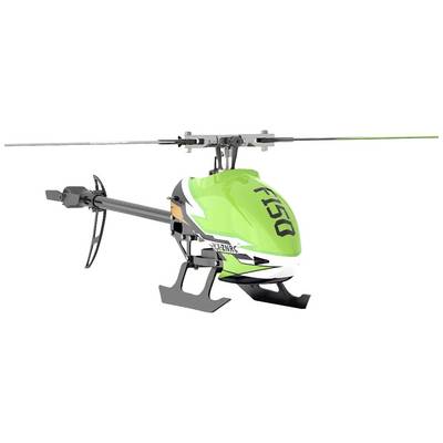 Grön modelhelikopter med inskriptionen 'FLY' på sidan. Ljusa färger och smal design.