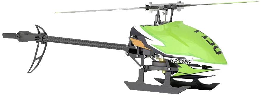 En grön modelhelikopter med svarta medar och rotorblad. I bakgrunden syns ingenting.