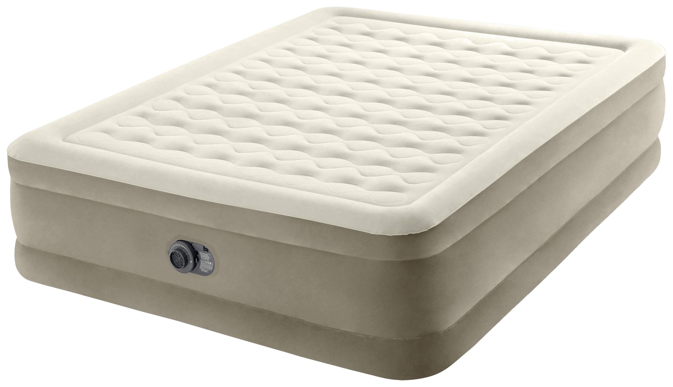 Beige uppblåsbar luftmadrass med strukturerat ytmönster och inbyggd luftpump på sidan. Stående perspektiv.