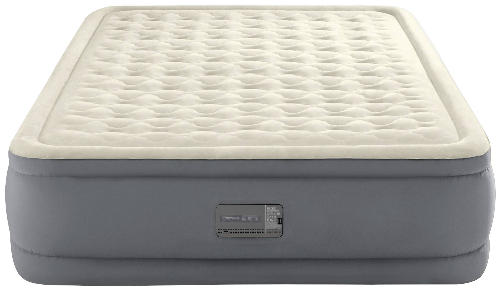 Grå-brun, uppblåsbar säng i rektangulär form med strukturerad yta.