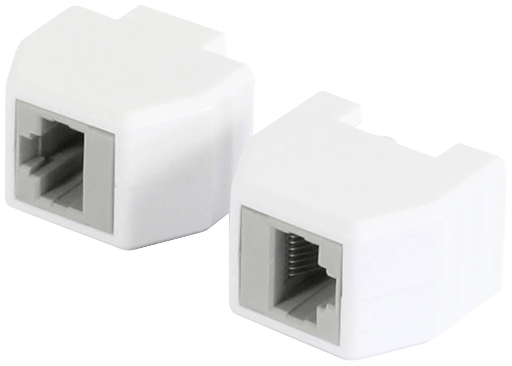Två vita RJ45-kopplingar som används för att förlänga nätverkskablar. Varje koppling har öppningar för Ethernet-kontakter.
