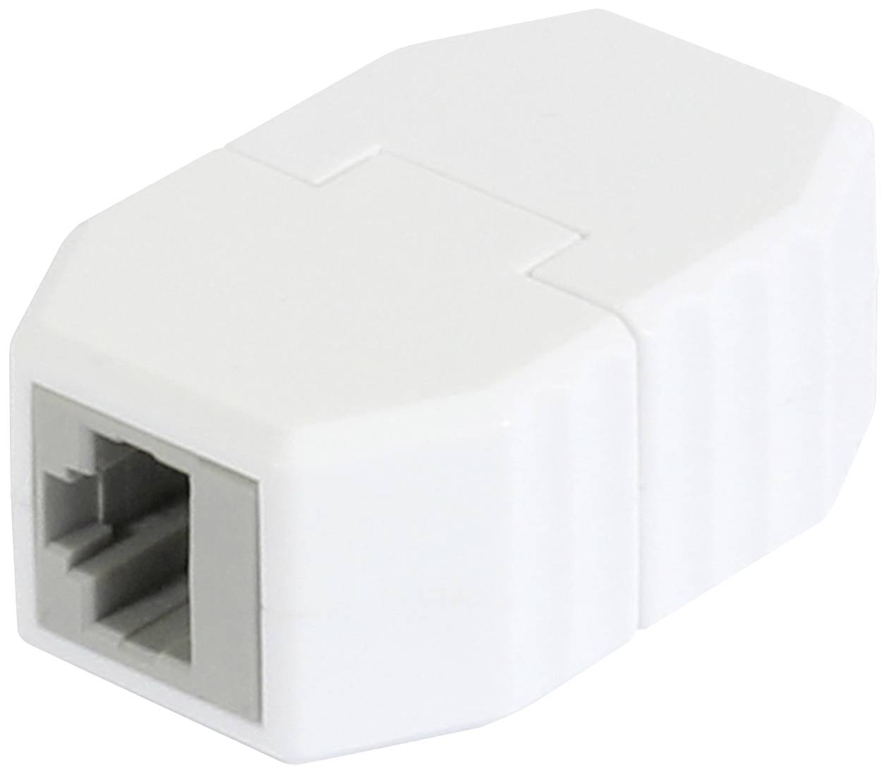 En vit RJ11-adapter med en anslutning för telefonkabel, användbar för att ansluta eller förlänga telefonledningar.