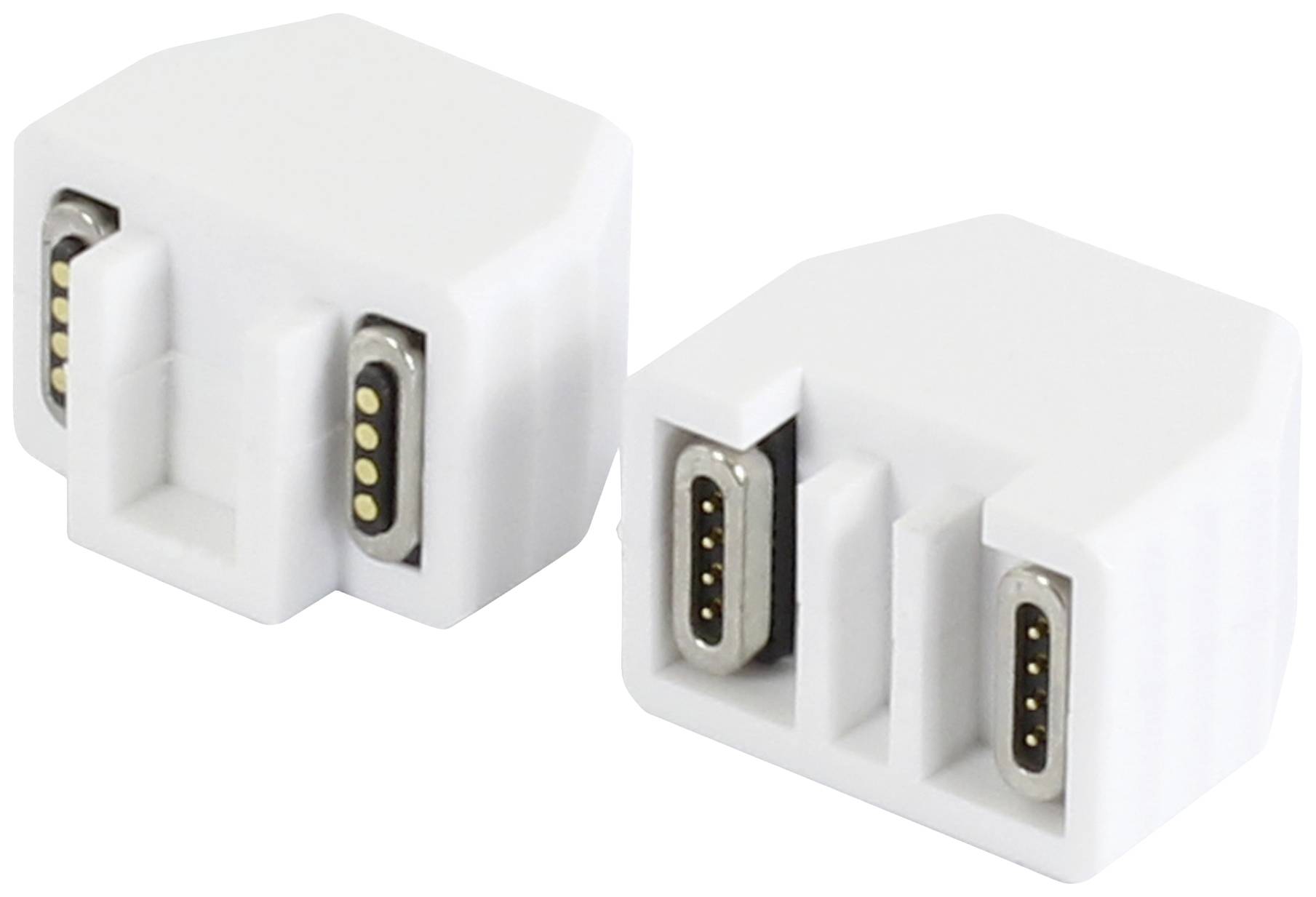 Två vita USB-adaptrar med rektangulära höljen och synliga metallkontakter.